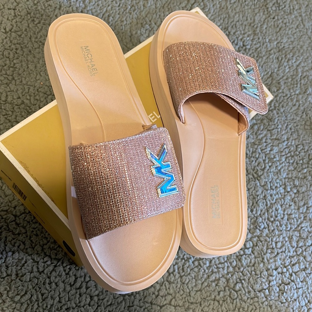 MK Platform Slide Glitter Mesh W10